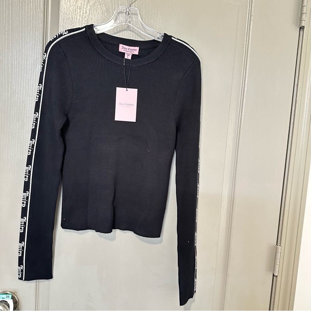 Juicy Couture Black Ribbed Crewneck Sweater with Logo Tape Casual Fall